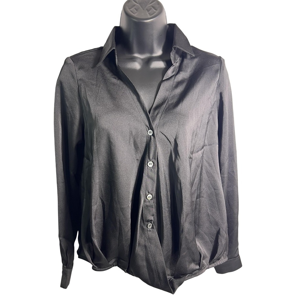 Chloe Kristyn Shirt Womens XS Black Button Front Long Sleeve Blouse Top
